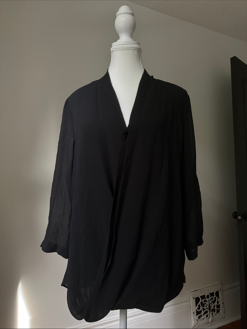 BABATON 100% Silk Black Faux Wrap Sheer Preppy Whimsigoth Blouse Medium